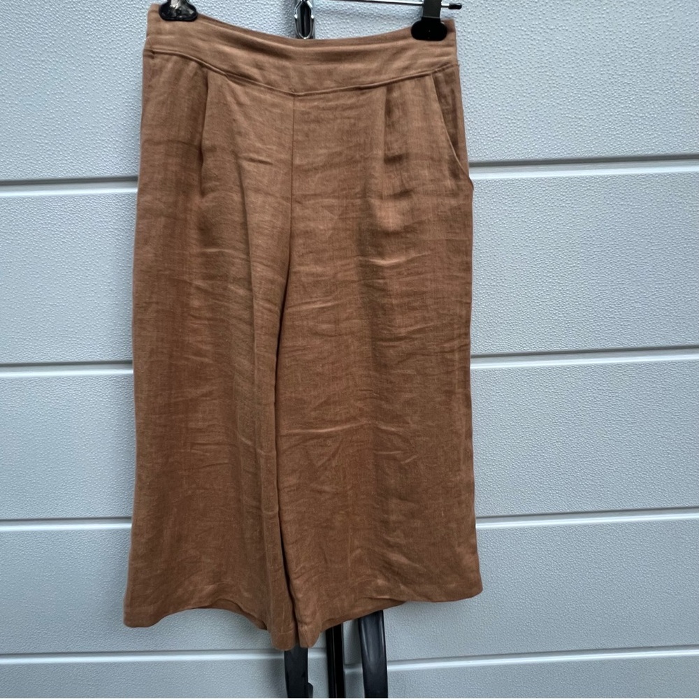 Whimsy + Row Wide Leg Cropped 100% Linen Recycled Pants Brown High Waist Pull On